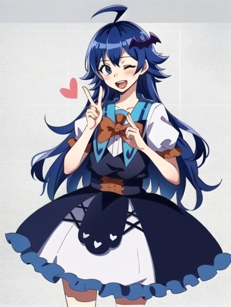 1girl, solo, dark blue hair, irumi, bow, cowboy_shot, dress, heart, heart hands, looking at viewer, one eye closed, open mouth, smile, very long hair, <lora:Irumi_Chan-08:1>,