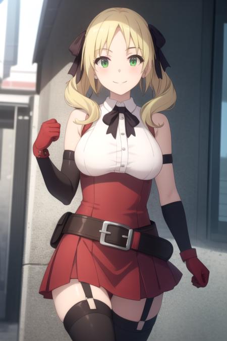 Esther Rosenthal long hair,blonde hair,twintails,hair ribbon,black ribbon,parted bangs,green eyes bare shoulders,white shirt,collared shirt,sleeveless shirt,black neckwear,large breasts,skindentation,red gloves,elbow gloves,belt,miniskirt,high-waist skirt,red skirt,pleated skirt,zettai ryouiki,garter straps,thigh strap,black thighhighs,boots,black footwear ------------------------------------------------------------------------------------------- collarbone,underwear only,purple bra,large breasts,navel,garter belt,purple panties,black thighhighs,loafers