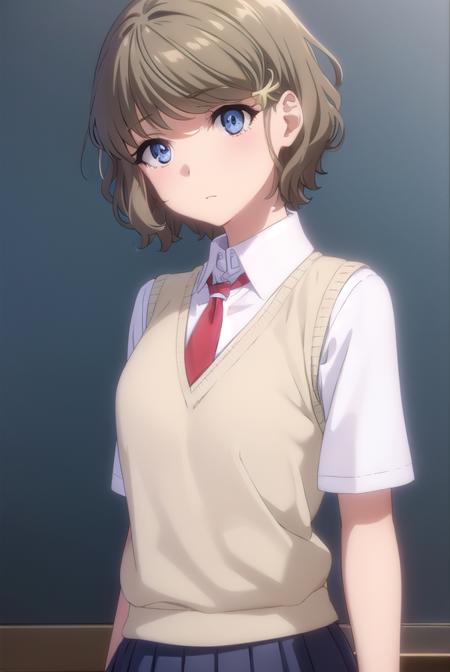 tomoekoga, <lora:tomoe koga s1-lora-nochekaiser:1>, 
tomoe koga, short hair, brown hair, blue eyes, hair clip,
BREAK skirt, shirt, school uniform, white shirt, short sleeves, pleated skirt, necktie, collared shirt, red necktie, sweater vest,
BREAK indoors, classroom,
BREAK looking at viewer, (cowboy shot:1.5),
BREAK <lyco:GoodHands-beta2:1>, (masterpiece:1.2), best quality, high resolution, unity 8k wallpaper, (illustration:0.8), (beautiful detailed eyes:1.6), extremely detailed face, perfect lighting, extremely detailed CG, (perfect hands, perfect anatomy),