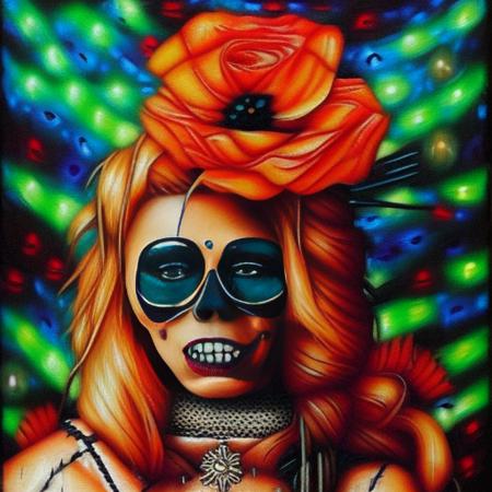 an oil painting of (pgVZ: 1.3) with sugar skull makeup with red roses in her hair, dark fantasy, (art by newhorrorfantasy_style: 1.3)