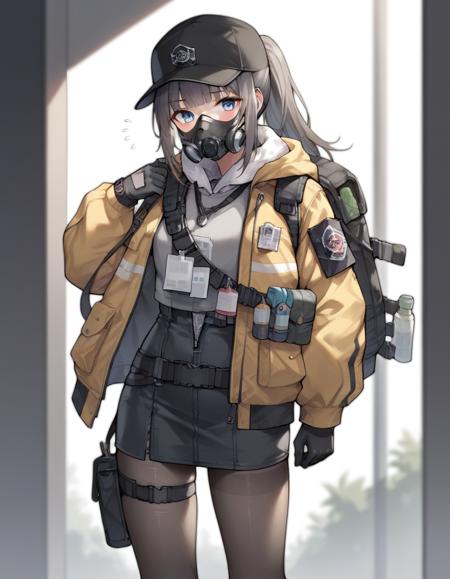  dark gray hair, ponytail, blunt bangs, side bangs, blue eyes, black cap, gray hooded top , dark green mini pencil skirt with open zipper, shoulder bag with walkie-talkie on strap, cropped yellow jumper, hang a backpack with a gas mask, black pantyhose, gloves
