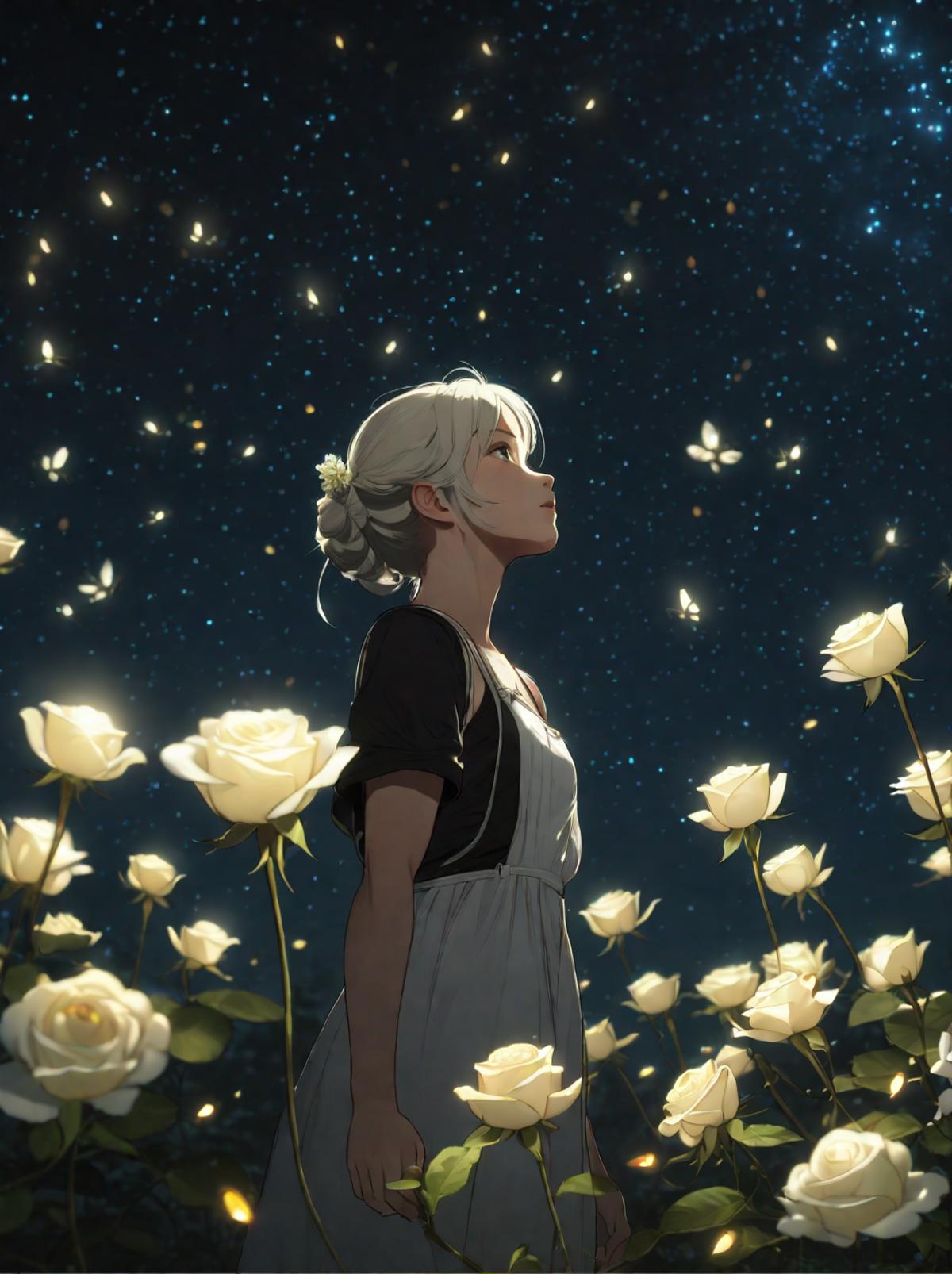 A woman standing in a field of white roses with a starry sky in the background.