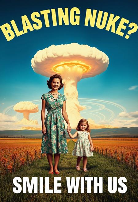 “A striking vintage-style poster capturing a surreal 1957 American country scene. Central to the composition, a woman in a floral-patterned 1950s dress stands holding her young daughter’s hand, her wide, mad smile radiating an unsettling charm. In the far distance, a towering nuclear mushroom cloud rises against a vivid blue sky, with fiery orange fireballs at its base and concentric blast waves rippling through the landscape. The design features bold typography: ‘BLASTING NUKE?’ in large, striking letters across the upper section, while the lower section invites viewers with the phrase ‘SMILE WITH US’ in a classic mid-century font. The Panavision-style composition lends cinematic depth, making this a visually captivating piece.”