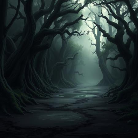 A liminal space in the Forest of Death, as seen in Naruto. The dense, overgrown trees are twisted and gnarled, their thick branches reaching out like fingers in the dim light. A dense mist hangs in the air, partially obscuring the thick vegetation and the dark shadows that stretch across the ground. The ground is muddy and uneven, with large pools of stagnant water reflecting the eerie stillness.
The forest is completely empty—no sounds of animals, no movement, only the oppressive silence and the occasional rustle of leaves. The once vibrant environment now feels still and abandoned, as if time itself has paused here. The ominous atmosphere of the Forest of Death is heightened by the absence of life, leaving behind only the shadowy, dangerous landscape. The trees form tight, oppressive walls, as if trapping anyone who dares to enter in a world of quiet, suffocating isolation.
