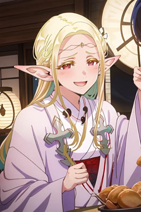 eruda_edomaeelf blonde_hair, pointy_ears, long_hair, elf, blush, circlet, hair_ornament, flower, hair_flower, red_eyes