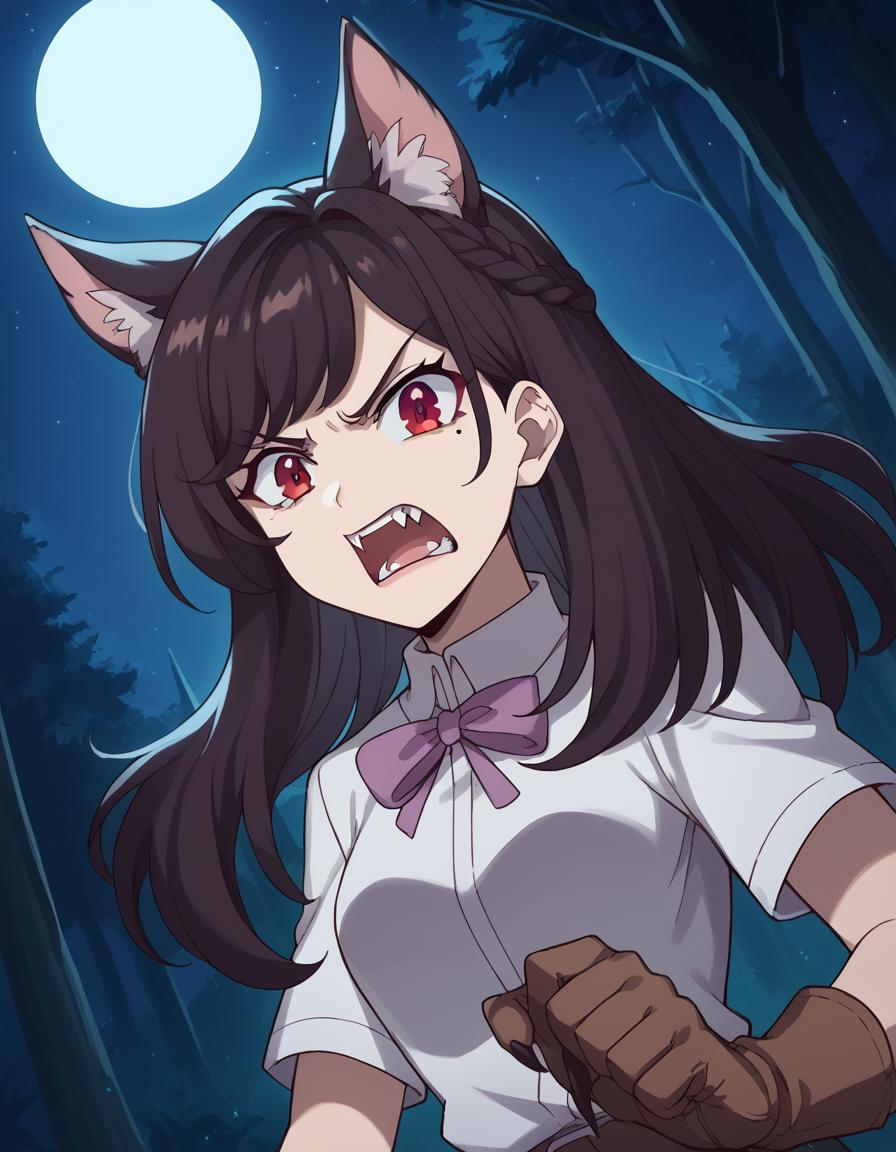 score_9, score_8_up, score_7_up, source_anime, <lora:maria-kurose-s1-ponyxl-lora-nochekaiser:1>, maria kurose, long hair, black hair, red eyes, mole, mole under eye, medium breasts, <lora:werewolf-ponyxl-lora-nochekaiser:1>, werewolf, furry, fangs, animal ears, gloves, angry, teeth, animal ear fluff,, forest, night, moon, open mouth, , dutch angle, cowboy shot