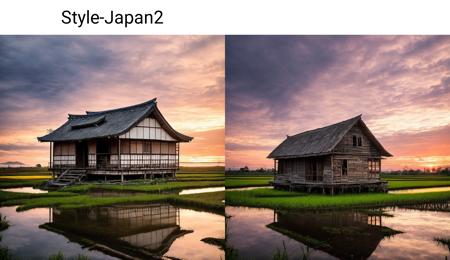 wide-angle photo of an old rustic house standing alone in between lots of rice fields, Style-Japan2, (colorful sunset on a cloudy sky:1.2), intricate details, hdr, hyperdetailed, cinematic shot, bokeh, 35mm