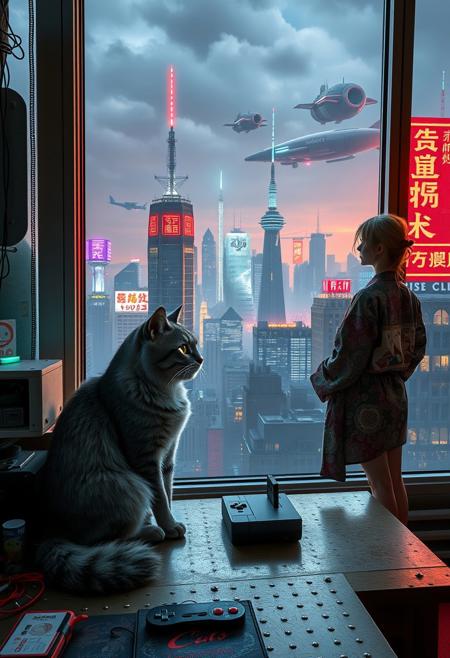 Grey tabby cat with green blue eyes sits on a cluttered metal riveted desk next to a maneki neko statue and a small Nintendo , the cat is looking out to a floor to ceiling window that looks out over a futuristic cyberpunk New York skyline with skyscrapers, holographic advertisements, futuristic airships covered with lights and advertisements in Japanese, a space elevator, (((a tall thin beautiful young woman, 22 years old, is standing next to the cat looking out at the city through the window))), The woman is dressed in an ornate Japanese style bath robe, exposing her lower legs.  The woman's hair is messy from just waking up and tied up with a ribbon. Artistic cyberpunk, dynamic perspective, a translucent neon projection of a strip club bar advertisement displaying a partially dressed woman is visible on a nearby building, neon and led lighting in the apartment, military futuristic space ship visible in the distance,
