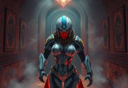 In a mystical Altar of Mist hallway, a voluptuous woman in futuristic Armored Gravitation stands before a door, shrouded in mystery with a red mask and ready to enter or exit the room. The 4K image showcases her dynamic action pose, with vivid emotions, stunning colors, and impeccable composition. The Armored Gravitation is handcrafted with precision, showcasing sharp lines, brush strokes, and harmonious colors.
The hallway's old epic tiles and symbolic walls add depth, creating a captivating and well-timed moment. The image is exceptionally detailed, with lifelike features, a super detailed face, eyes, and clothes. The armor's blue and yellow accents contrast with the white helmet and body, all trending on ArtstationHQ.
The image evokes a powerful message, thanks to the unreal engine 5, Raphael style, Houdini style, and splash ink illustration techniques. The woman's beautiful detailed eyes, contemporary aesthetics, and cinematic lighting showcase the golden ratio design, making it a stunning concept art piece.