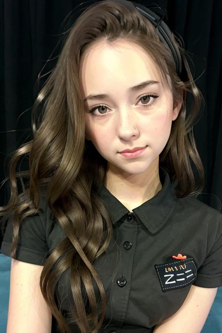 adorable young woman <lora:r3my:1> in a black button up tee shirt, RAW, 8K, UHD, at the comic convention, amateur, candid, highly detailed face