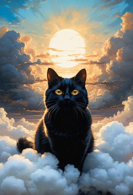 (a black cat flying in the clouds) (ingenious opus magnum by Michael Vincent Manalo and Elvira Vigna:1.2), (pastel oil painting:0.1), high key with glistening light, cosmic anddireful and dramatic atmosphere, (zestful quinacridone nickel azo gold and electricblue color swatch:0.1), raw details, crisp details, bokeh lights, <lora:xl_more_art-full_v1:0.6> ,analog photo, full body,, tall height, against the rise in the background, , , epic clouds, (oil on canvas:0.2), , art by Jeremy Mann, god rays, dramatic light,    ,  (art by Eduard Wilhelm Pose and Master of the Holy Blood and Ivan Bilibin:1.1), (oxygen-rich air and sheltered atmosphere,, aesthetic of hard - edge painting:0.1), symmetry and balance, pioneering unparalleled masterwork with superior details, <lora:MJ52:0.90> <lora:xl_more_art-full_v1:0.4> <lora:RMSDXL_Creative:1>,(skin texture),masterpiece, top quality, best quality, official art,highest detailed,,atmospheric lighting, cinematic composition,complex multiple subjects, 4k HDRvaporwave style , , cyberpunk, vibrant, neon colors, , highly detailed,,,Leica Q2 with Summilux 35mm f/1.2 ASPH, ,clear face, Ultra High Resolution, wallpaper, 8K,Rich texture details, hyper detailed, detailed eyes, detailed background, dramatic angle,