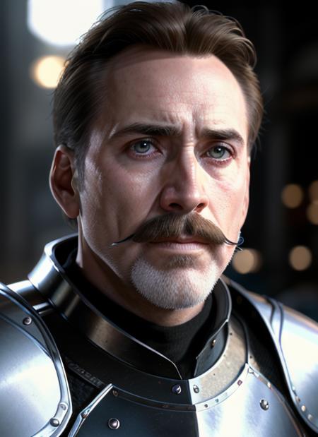 timeless style,  masterpiece, best quality, 8k, artstation, sharp focus, ultrarealistic, high details, raw photo portrait of nc1, man, masculine, mustache, (in knight's armor)  perfect face, perfect eyes, volumetric lighting, depth of field, cinematic lighting, 
 <lora:NicolasCage-10:0.8>