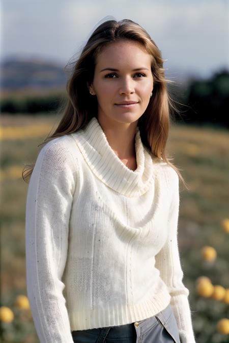 ellemacpherson an , a elegant woman, on a (white poppy field:1.2), wearing a (cowl-neck-sweater), (flowering-landscape),  (realistic, photo-realistic:1.37), ultra high res, ultra-detailed, incredibly beautiful girl, 8k uhd, dslr, soft lighting, high quality, film grain, Fujifilm XT3