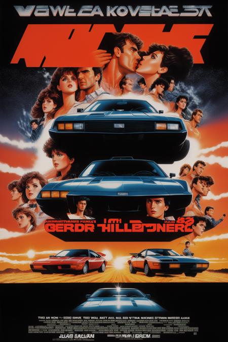 80s movie poster, a group of cars racing at the bottom of the poster, a man and woman kiss on top of the poster<lora:80s Movie Poster Style:1>