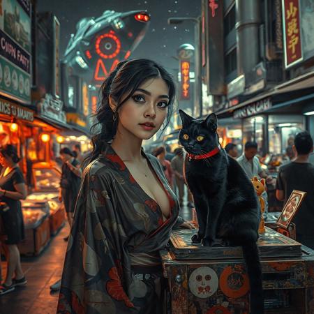 Setting is a futuristic cyberpunk street market at night, the market is comprised of street vendors selling robot parts, food, weapons, and robots. People wearing futuristic cyberpunk clothing are walking through the street market shopping and eating, A sleek black cat with red collar sits on a cluttered metal riveted desk with transparent top and micro-LED lighted computer components visible inside, On the desk is an ebony and gold maneki neko statue and futuristic art deco lighting, (((a beautiful woman, 24 years old, is standing in the foreground FACING THE VIEWER, she has an expression of interested curiosity)))))), the sleek black cat with red collar is sitting on the desk and watching the people walking by in the busy street market, the woman is dressed in futuristic cyberpunk Japanese style yukata with a plunging neck line alluring but Japanese classic aesthetic. An enormous art deco inspired starship with futuristic lighting and an enormous space station are visible in the background among the stars, The woman's hair is elegantly tied up with a ribbon. Artistic cyberpunk, dynamic perspective, (((overall architectural aesthetic is Art Deco Cyberpunk))).  Epic image that elicits a feeling of wonder and awe,