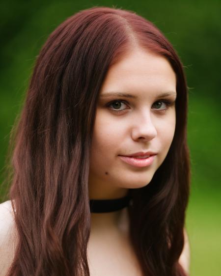 arkida, flirty, parted lips, long hair, choker, <likenesshelpbyshurik3>, hotorealistic, 35mm lens, natural skin, realistic lighting, shallow depth of field