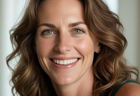A meticulously detailed, hyper-realistic studio portrait of Olivia, a 45-year-old woman with sun-kissed skin and bright green eyes. She has a slim, oval, delicately contoured face with high cheekbones, a narrow jawline, and a subtle V-shaped chin. Her wavy, short-length light brown hair is casually tousled, framing her naturally beautiful face. Her skin has realistic texture: visible pores, soft natural wrinkles, gentle laugh lines, and minor imperfections that enhance authenticity. She wears a warm, genuine smile with slightly imperfect teeth. The lighting is soft window daylight, captured with an 85mm lens at f/4, with natural color grading and an unedited RAW film look — inspired by Kodak Portra 400. No makeup retouching, no plastic effect, no artificial smoothing.