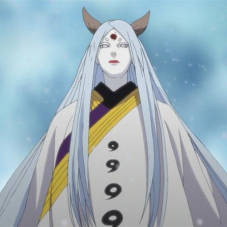 Kaguya Ōtsutsuki, soft facial features, eyebrows cut very short and round, third eye, rinne-sharingan, white clear eyes, extremely long hair, sweeping white hair, pale skin, horns, foredhead mark, red lipstick, sharp fingernail, dark long fingernails