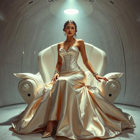 A slender, arrogant bride, dressed in a luxurious, rich fantasy satin wedding gown with a fitted, boned corset and a full, flared skirt, paired with satin high heels, orgasm face encased in beam of light from celling. The brainwashing headband,  connected to a  futuristic superconputer rack. Her hands and ankles are bound to a biomechanical white chair, adorned with wet-look glossy pearl pillows, by massive steel restraints, accentuating her ultra-thin waist. she is drugged from standing drop counter with weird medicine. The scene is set in a sterile, empty chamber, with a glossy mother-of-pearl finish, evoking a sense of futuristic dread. Inspired by the cinematic styles of Ridley Scott, Guillermo del Toro, and H.R. Giger, with a blend of sci-fi and horror elements, this full-body portrait is a masterpiece of cinematic storytelling, shot on a virtual v-raptor XL camera, with a warm, film-grained aesthetic, subtle vignette, and rich color grading, reminiscent of 35mm film, with dramatic, atmospheric lighting, inviting the viewer to immerse themselves in this epic, stunning scene.