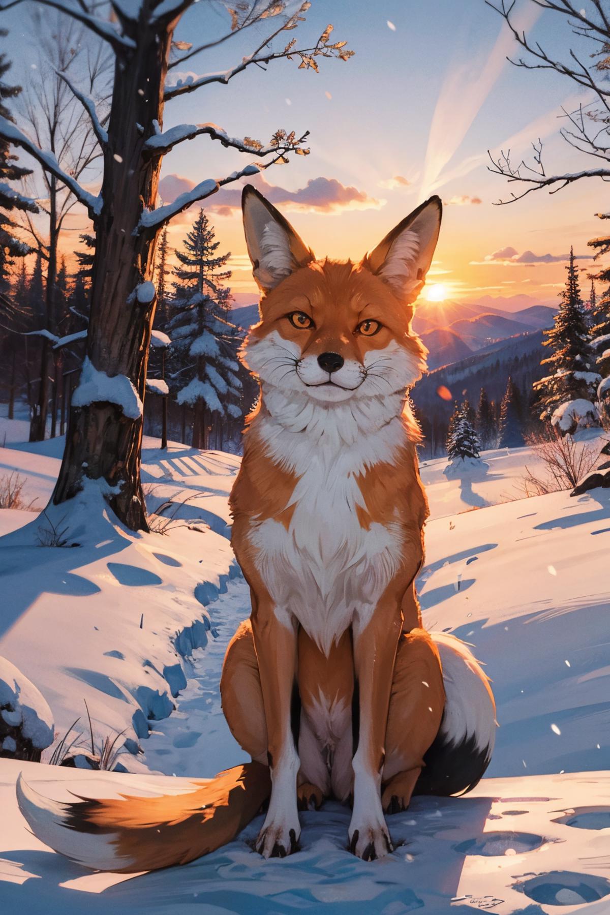 A fox sitting in the snow at sunset.