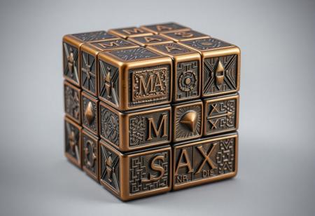 A bronze Rubik’s Cube inspired by Picasso’s cubist style, with each face designed with intricate geometric patterns and textures. The cube’s rows feature engraved text: the top row spells ‘MAD’, the middle row says ‘MAX’, and the bottom row displays ‘SAX’ in stylized lettering. The cube should look like a sculptural art piece with a vintage, surreal feel, capturing both the allure of cubism and the polished look of bronze. The background should be minimal to keep the focus on the cube’s artistic detail.”