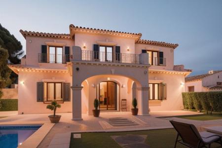 masterpiece, best quality,raw photo of spanish style villa has, exterior view evening time ,beautiful landscape, 8k uhd, dslr, soft lighting, high quality, film grain, Fujifilm XT