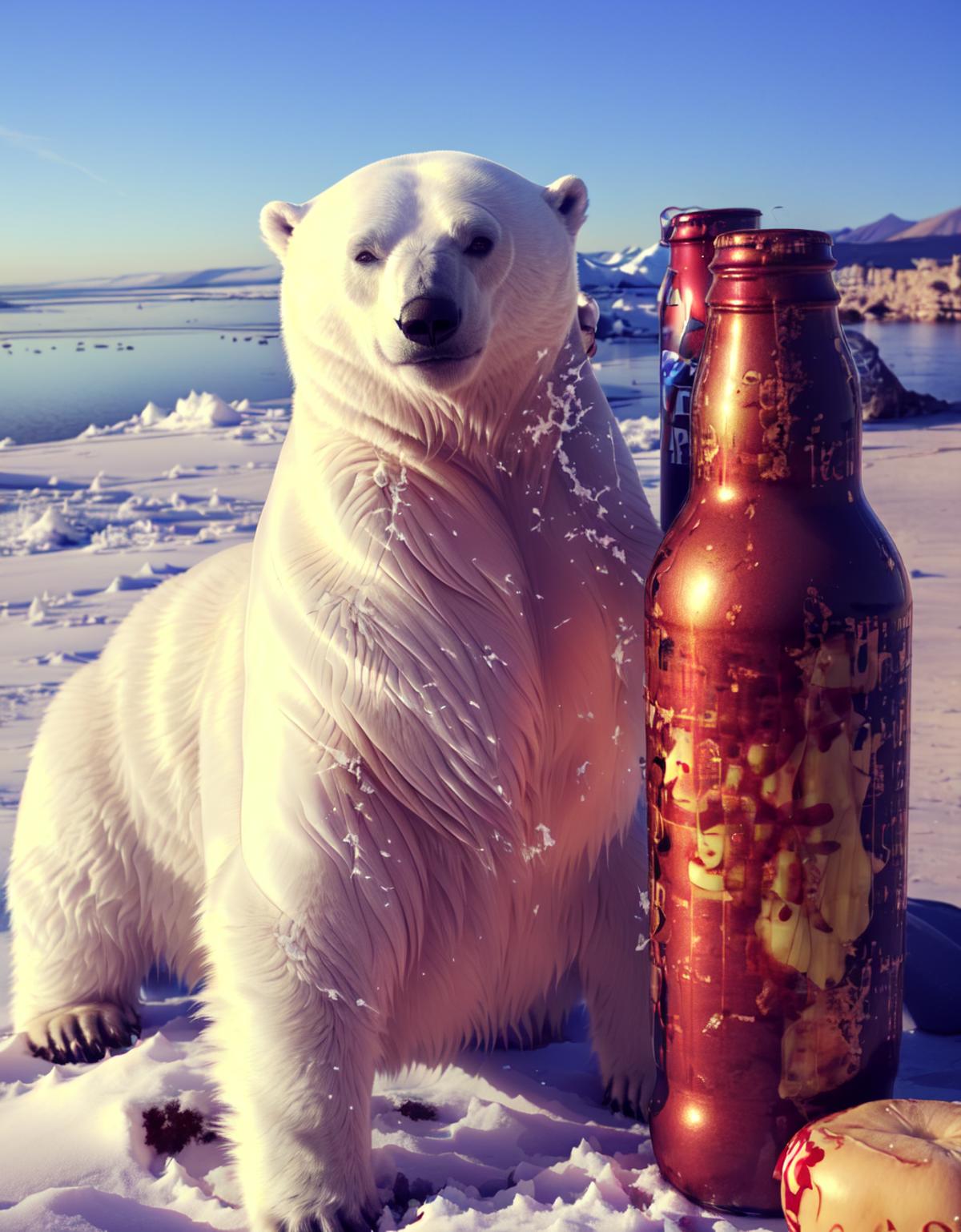 A white polar bear sitting in the snow next to a beer bottle.