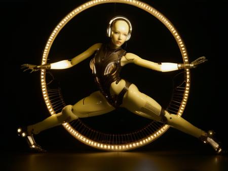 a female android is dancing on a wheel with headphones on her head in a dark room