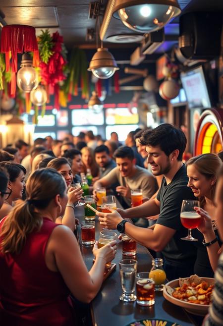 "A fun scene in a bustling bar with a lively atmosphere, colorful decorations and a diverse crowd. A young dark-haired bartender is overwhelmed, juggling several drink orders while spilling some drinks. Customers laugh and chat loudly , with a jukebox. A multitude of tapas and food, in Spain
