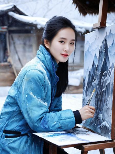 realistic, Skin Textures, High Resolution, liushishi woman,,stunning beautiful, <lora:liushishi_noej_JuggXL_2-000015:0.6>, as a artist painter, in A frozen place