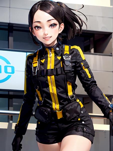 (extremely detailed CG), (best quality), perfect face, shiny skin, lustrous skin,wide hips,narrow waist 1girl,solo   <lora:YokoUsami-10:0.8> Yokousami,black gloves,wristwatch,black eyes,short shorts,black shorts, boots, gloves, ponytail,jacket,shorts, black hair,short hair,smile, heart, (heart hands:1)