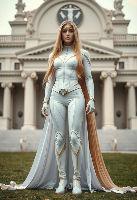 full-length photo of a real-life Godiva of the Justice League with voluminous amounts of extremely long sleek golden blonde hair that is longer than she is tall and is spread out on the ground. Wearing her white uniform standing in front of the Hall of Justice in the background. She sort of resembles Kaley Cuoco and Blake Lively