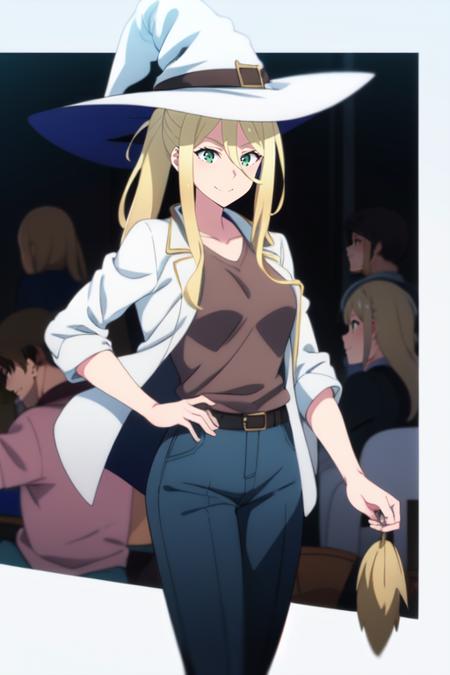 masterpiece, best quality, 1girl, sheilaMnT, blonde hair, long hair, ponytail, witch hat, green eyes, breasts, white jacket, brown shirt, short sleeves, blue pants, long pants, smile.