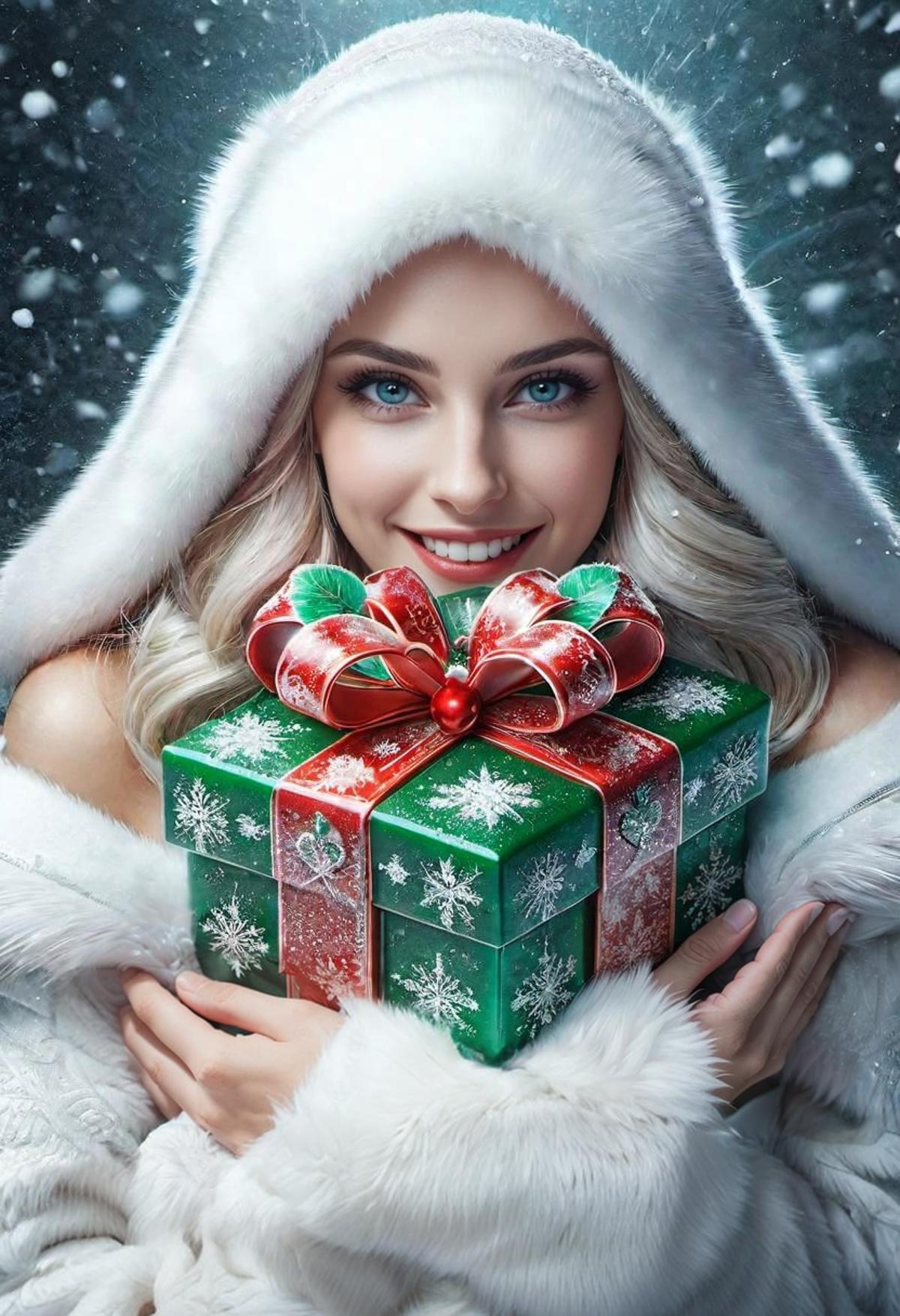 A beautiful white-haired woman with blue eyes is holding a brightly colored Christmas gift.