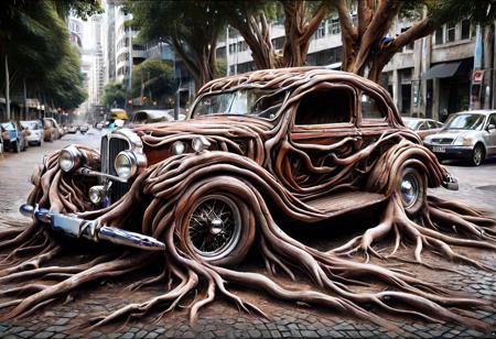 morph-treeroots , vintage car,polished chrome details,classic style design,in city,photography<lora:tree roots_0_100_V1-000008:1>