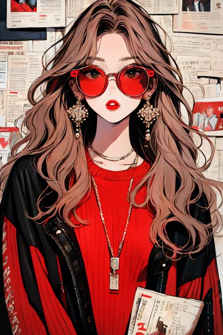 newspaper wall, glasses, parted lips, looking over eyewear,  black jacket, jewelry, long hair, jacket, red shirt, solo, upper body, brown hair, 1girl, necklace, earrings, red sweater, looking at viewer, red-tinted eyewear, sweater, red jacket, red lips<lora:newspaper_wall:1>