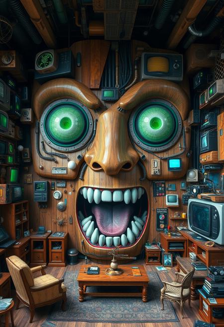 Create a complex, surreal interior where the walls and furniture integrate into a colossal, expressive face reminiscent of the Matrix. The face consists of eclectic, retro-futuristic electronics, disjointed wooden panels, and miscellaneous items that resemble facial features. Envision large, emotive eyes and an open mouth as if in mid-conversation, but with a glitchy, matrix-inspired aesthetic. Everything has a touch of green, like viewing through a computer terminal, with elements looking broken, under maintenance, or in the midst of repair. The ambiance is a blend of the familiar and the otherworldly, with a cyberpunk edge and intricate details