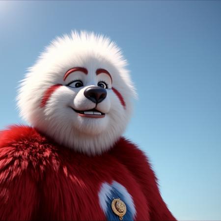 generate a realistic picture of bozo the fur MAscot - pristine white whf fur standing tall, 8k realistic cinema