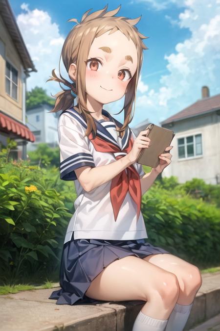 1girl, mina_hibino, forehead, short hair, brown hair, sidelocks, low ponytail, brown eyes, school uniform, white shirt, short sleeves, sailor collar, serafuku, blue skirt, short skirt, closed mouth, smile, looking at viewer, city <lora:mina_hibino:0.7> <lora:add_detail:0.7>