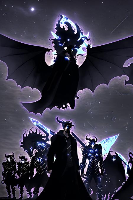 <lora:ShadowArmy_V1c:1>, ShadowArmy, one man standing in front of shadow army, best quality, masterpiece, starry night, demonic and dragon army