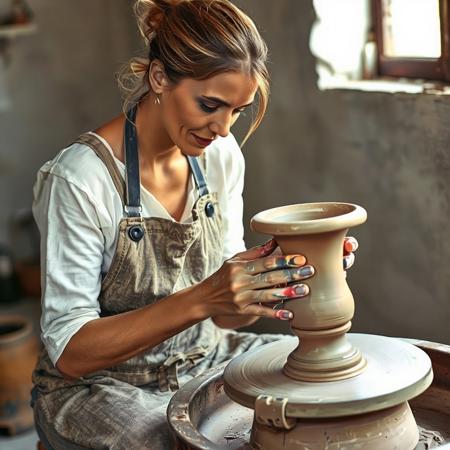 Beautiful woman at pottery wheel, making an urn, wearing spattered apron, hair tied up, old spattered shoes, looking at urn, hands molding urn, close up on face and urn