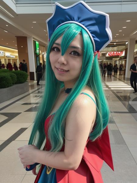 best quality, masterpiece, highres, detailed, realistic, <lora:Detail - add_detail:0.2>, Mariandale,  <lora:Mariandale-10:0.9>, mall, cosplay, japanese woman, wig, posing, happy, blue and red dress, green hair,  headdress, upper body,