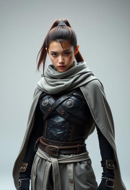 full shot of a japanese ninja girl, She has a tall ponytail hair style, She has a scar in the right eye, She wears a grey scarf cape, She wears two warrior belts with chains, she wears a Battle leather corset, she wears a black T-shirt, she wears light grey Explorer trousers, photography studio style, hyper realistic, ultra detailed