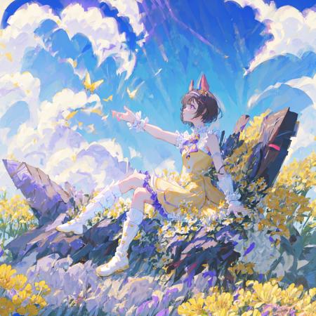 masterpiece, best quality, 
nishino flower \(umamusume\), 
flowers, flower fields, blue sky, sunlight,  
from side, looking to the side, looking afar,
flying butterfly, butterfly, wariza, sitting on ground, holding flowers,
purple bowtie, striped bowtie, bare shoulders, wrist cuffs, white shirt, button, white dress, sleeveless dress, white skirt, yellow skirt, frilled skirt, thigh strap, yellow footwear, knee boots,
 <lora:nishino_flower_locon:0.8>