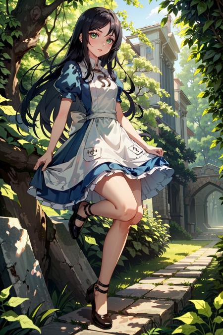 (masterpiece, highres, best quality:1.2)
 <lora:AliceMadness:0.8>
AliceMadness, 1girl, solo, long hair, black hair, dress, full body, garden maze, midday, dappled sunlight peeking through leafy green walls