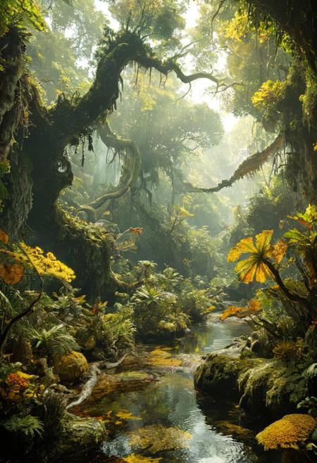 a realistic dense, prehistoric jungle teeming with life, where towering trees with gnarled trunks and oversized leaves create a lush canopy overhead. Shafts of sunlight illuminate patches of colourful plants and lichen. Strange creatures can be seen flitting between the branches. A winding river snakes through the jungle, its waters reflecting the rich greens and yellows of this amazing jungle