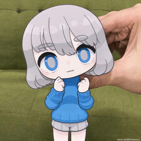 <lora:wasu:1>, pepako, person holding a paper cut doll, 1girl, bangs, bare arms, blue eyes, boyshorts, closed mouth, cowboy shot, grey background, grey sweater, hair between eyes, hands clasped, highres, interlocked fingers, long hair, looking at viewer, own hands together, pink hair, ribbed sweater, simple background, solo, standing, sweater, sweater vest