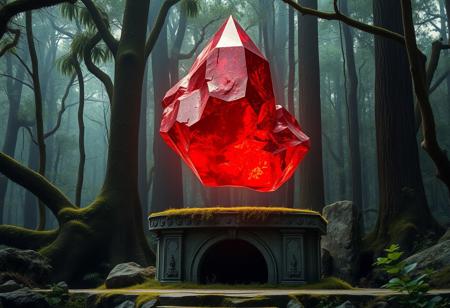 A big shimmering red crystal floating above an ancient, moss-covered stone altar in a dense, enchanted forest.