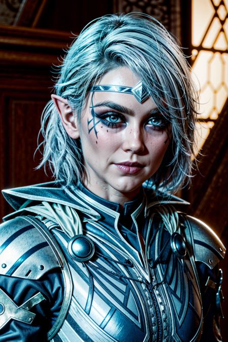 (masterpiece, best quality:1.3)
<lora:epi_noiseoffset2:1> <lora:add_detail:0.7> <lora:BGIsobel:0.7>
BGIsobel, 1girl, solo, short hair, blue eyes, closed mouth, pointy ears, armor, tattoo, elf, shoulder armor, portrait, pauldrons, facial tattoo