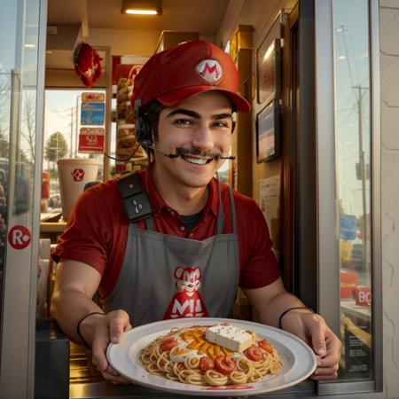 Mario in the drive-thru window, red cap hat, smiling, close-up, wearing a headset, (holding out a plate of spaghetti)<lora:Drive-Thru Window Operator:0.7>